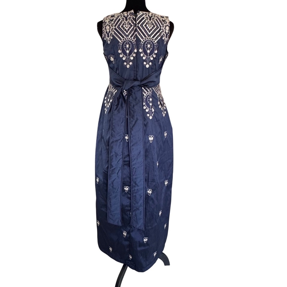 Custom Silk Navy Blue Embroidered High Low Midi Dress with Sequin Accents V-Neck - Picture 5 of 11